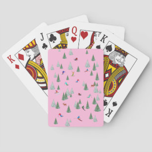 Skiers Downhill Skiing Illustration Pastel Pink Playing Cards