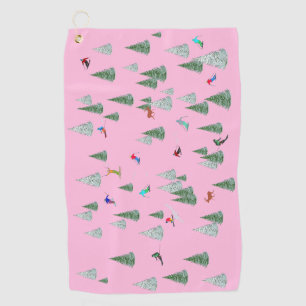 Skiers Downhill Skiing Illustration Pink Golf Towel