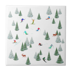 Skiers Downhill Skiing Illustration White Ceramic Tile