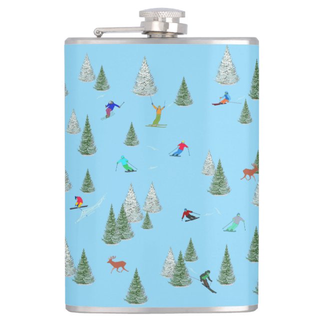 Skiers Downhill Skiing Pastel Blue Hip Flask (Front)