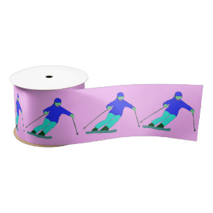 Skiers Downhill Skiing Pastel Pink Satin Ribbon