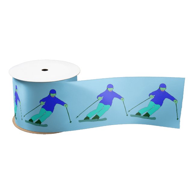 Skiers Downhill Skiing Sky Blue Satin Ribbon (Spool)
