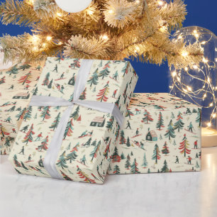 Skiers & Fir Trees: Winter Scene Pattern  Wrapping Paper