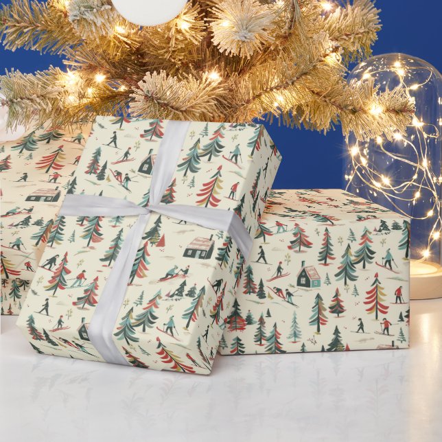 Skiers & Fir Trees: Winter Scene Pattern  Wrapping Paper (Holidays)