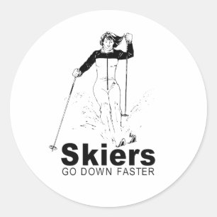 skiers go down faster classic round sticker