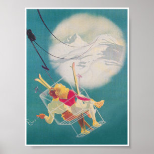 Skiers on Ski Lift and Moon Romantic Vintage Poster