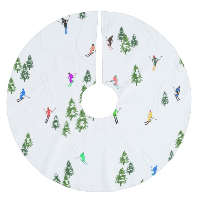 Skiers Skiing Illustration Ski Xmas Christmas Brushed Polyester Tree Skirt (Front)