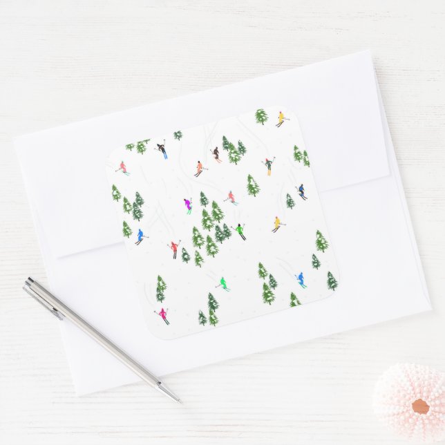 Skiers Skiing Illustration Ski Xmas Christmas   Square Sticker (Envelope)