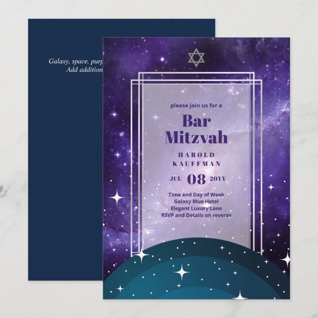 Skies Above BAR MITZVAH Galaxy Blue Gold Elegant Invitation (Front/Back)