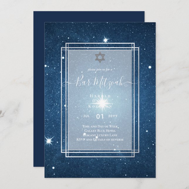 Skies Above BAR MITZVAH Galaxy Blue Gold Elegant Invitation (Front/Back)