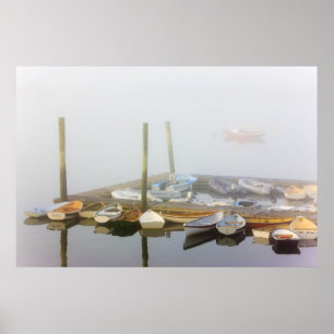 Skiffs and morning fog in Southwest Harbour, Poster