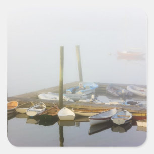 Skiffs and morning fog in Southwest Harbour, Square Sticker