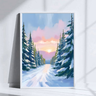Skiing at Sunset Winter Mountain Ski Painting Poster