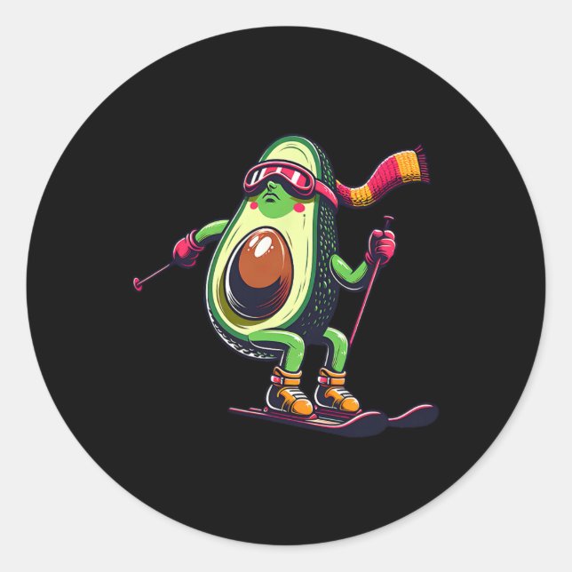 Skiing Avocado With Goggles Winter Alpine Funny  Classic Round Sticker (Front)