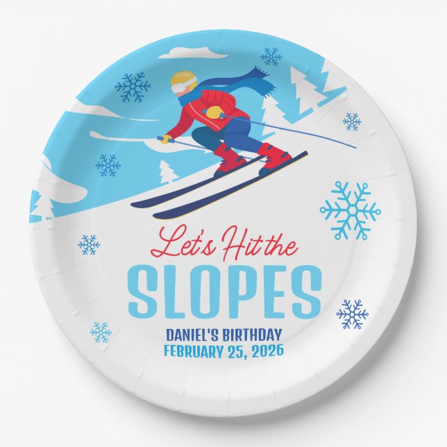 Skiing Birthday Let's Hit the Slopes Paper Plate (Front)