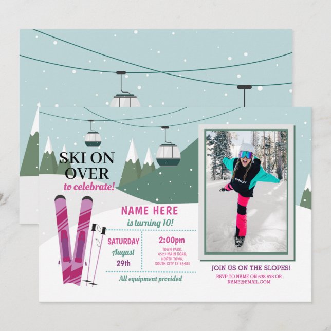 Skiing Birthday Party Girls Ski Snowboard Photo  Invitation (Front/Back)