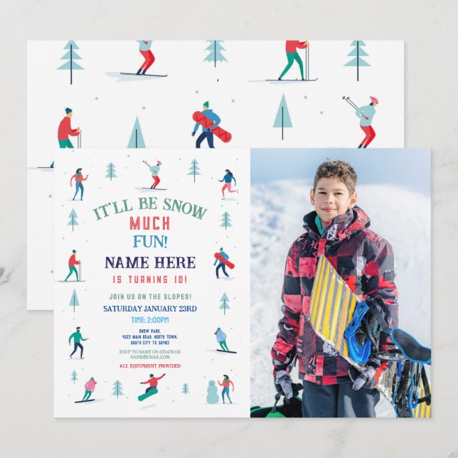 Skiing Birthday Party Slopes Photo Snowboard Snow Invitation (Front/Back)