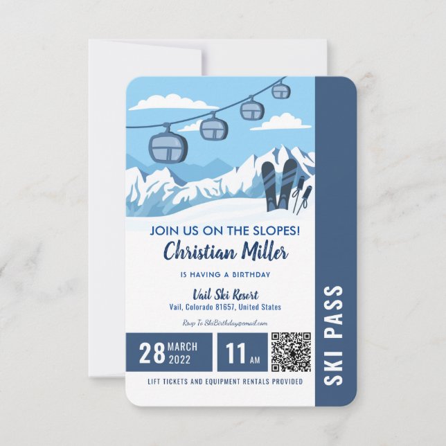 Skiing Birthday Party Slopes Ski Snowboard Ticket  Invitation (Front)