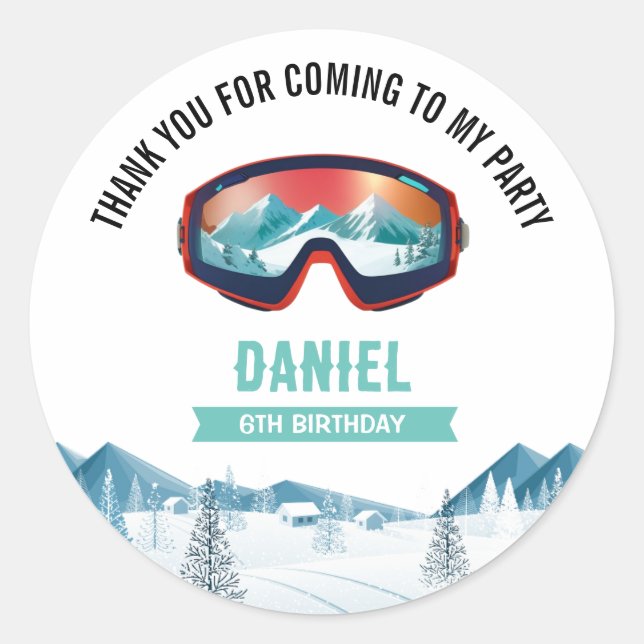 Skiing Birthday Party Snowboard  Classic Round Sticker (Front)