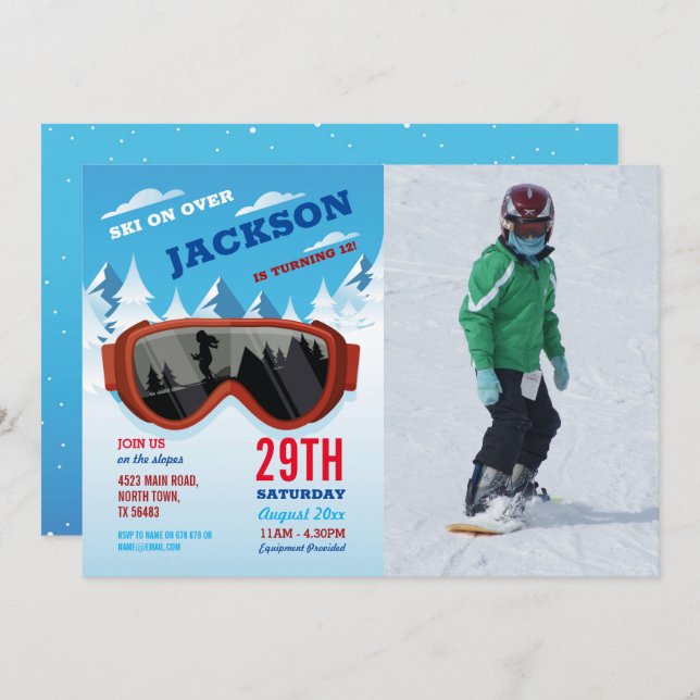 Skiing Birthday Ski Birthday Photo Slopes Invitation (Front/Back)