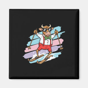 Skiing Bull Cartoon Cool Cow On Skis Pastel Stripe Magnet