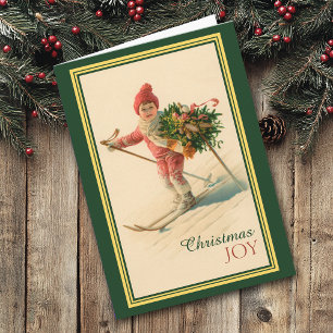 Skiing Child Delivering Christmas Bouquet Card
