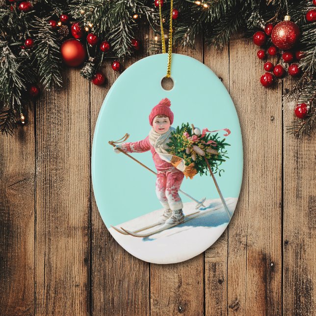 Skiing Child Delivering Christmas Bouquet Ceramic Ornament (Creator Uploaded)