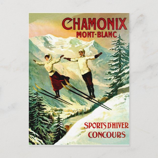 Skiing couple in Mont Blanc mountain, France Postcard (Front)