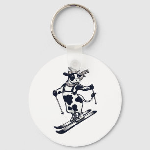Skiing Cow, Downhill Skiing Holstein, Retro Cow On Key Ring