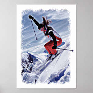Skiing Down the Mountain in Red Poster