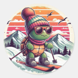 Skiing down the slopes classic round sticker