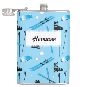 Skiing Equipment Pattern Blue Personalised Hip Flask
