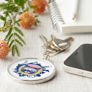 Skiing Fan Cat with Ski Glasses Key Ring