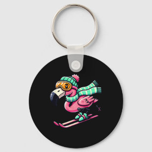 Skiing Flamingo With Goggles Beanie And Scarf Key Ring
