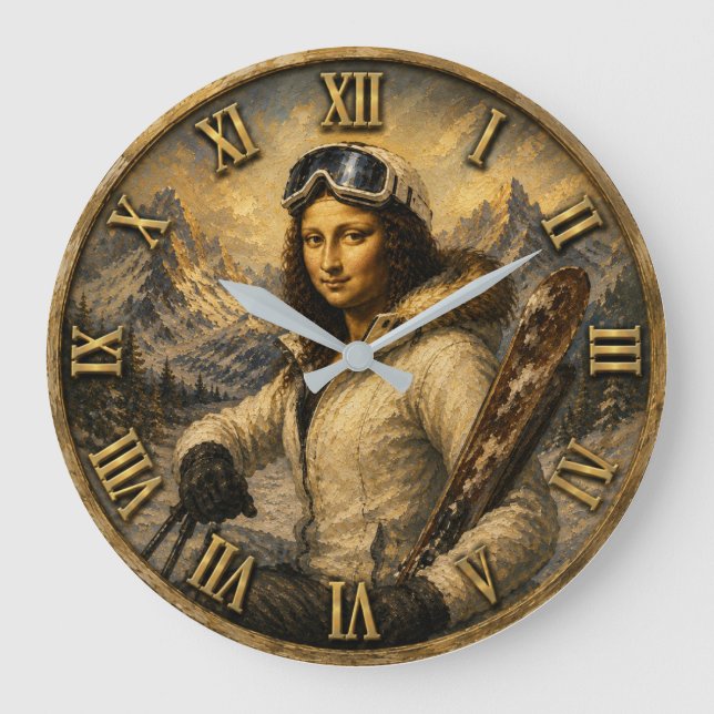 Skiing Funny Mona Lisa Skier Gift  Large Clock (Front)