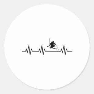 Skiing Heartbeat Life Heart Ekg Pulse Classic Round Sticker