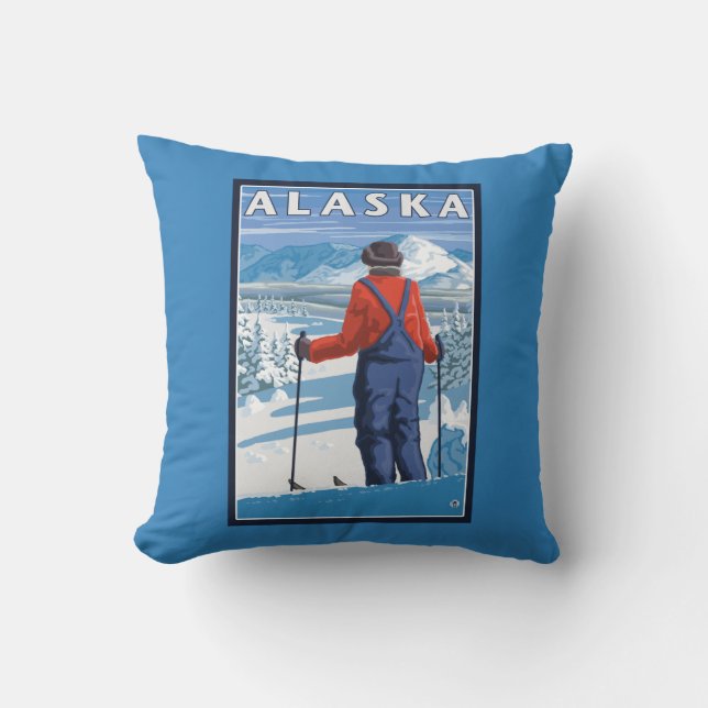 Skiing in Alaska Vintage Travel Poster Cushion (Front)