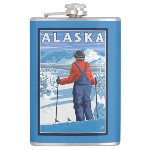 Skiing in Alaska Vintage Travel Poster Hip Flask