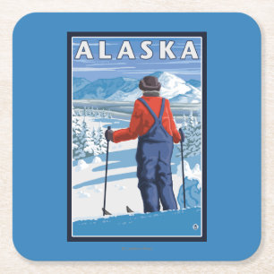 Skiing in Alaska Vintage Travel Poster Square Paper Coaster