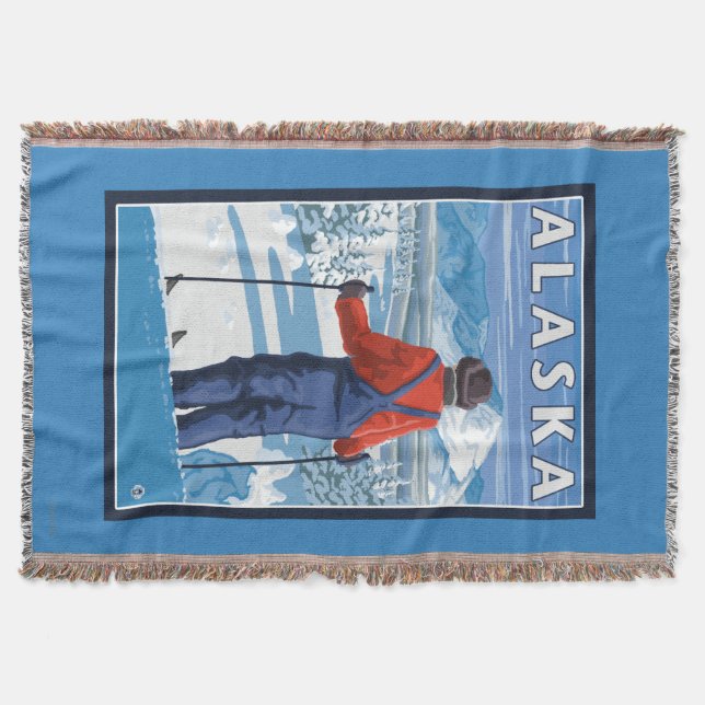 Skiing in Alaska Vintage Travel Poster Throw Blanket (Front)