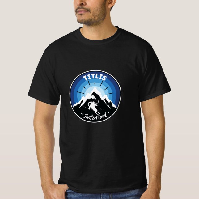 Skiing In Titlis Switzerland Blue T-Shirt (Front)