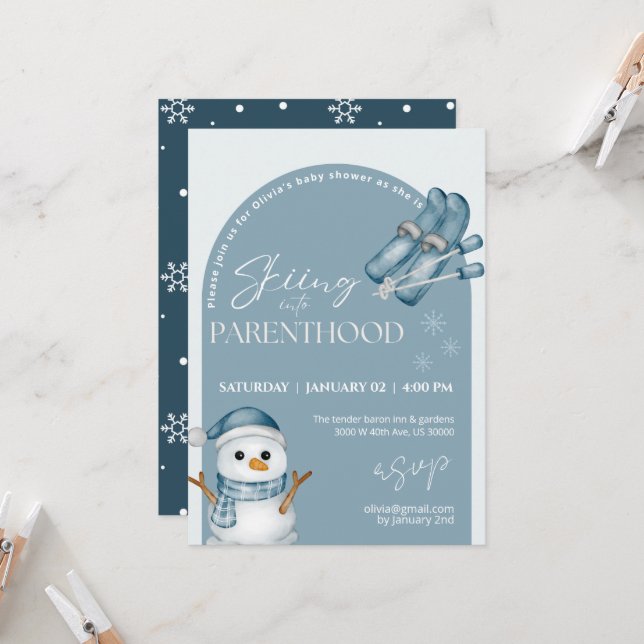 Skiing into parenthood baby shower  invitation (Front/Back In Situ)