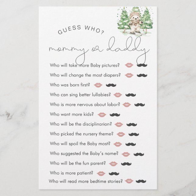 Skiing Into Parenthood Shower "Guess Who" Game (Front)