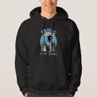 Skiing is My Therapy Cool Vintage Blue Sunset Ski Hoodie