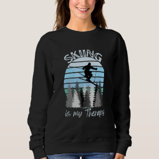 Skiing is My Therapy Cool Vintage Blue Sunset Ski Sweatshirt
