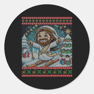 Skiing Jesus Happy Birthday Christian Faith Ugly C Classic Round Sticker