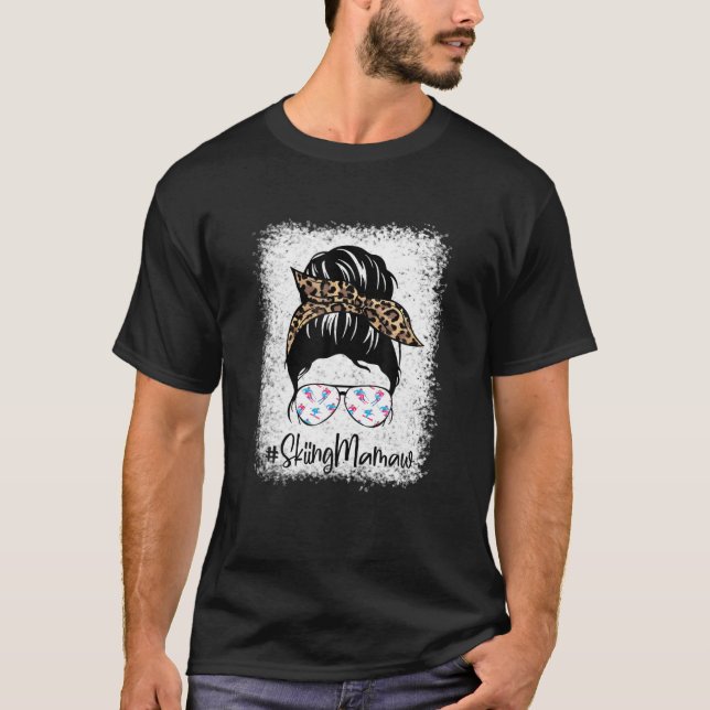 Skiing Mamaw Messy Hair Bun Leopard Women Mother's T-Shirt (Front)