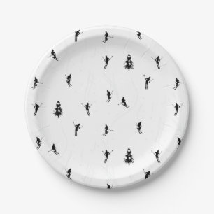 Skiing Modern Black & White Ski Skiers Theme Paper Plate