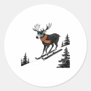 Skiing Moose – Funny Winter Mountain, Ski-slope Fu Classic Round Sticker