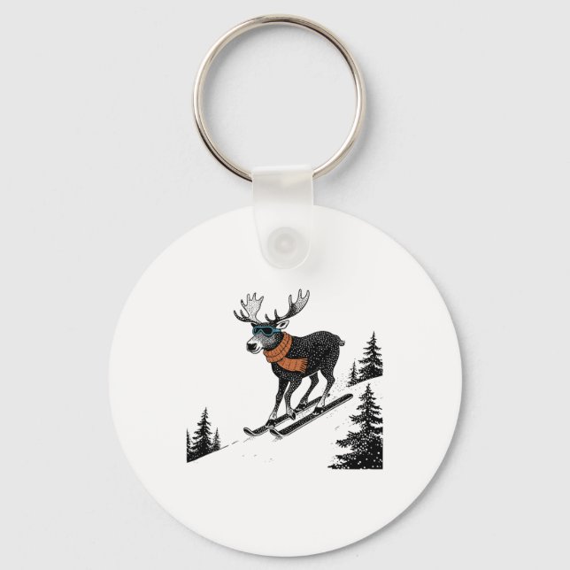 Skiing Moose – Funny Winter Mountain, Ski-slope Fu Key Ring (Front)